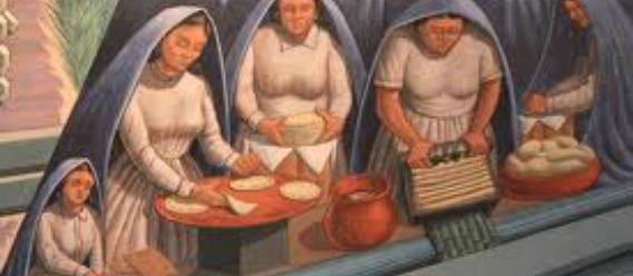 Pintura de cocineras mexicanas preparando alimentos