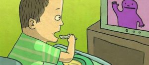 Ilustración de niño comiendo chatarra y viendo la tele