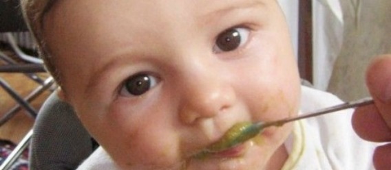 Bebé comiendo una cucharada de puré elaborado con verduras. Cabe recordar que la alimentación complementaria inicia después de los 6 meses (periodo en que se ha alimentado al bebé con lactancia materna de manera esclusiva)