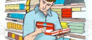 Ilustración de un hombre revisando el etiquetado de una caja de cereal en un pasillo del súper