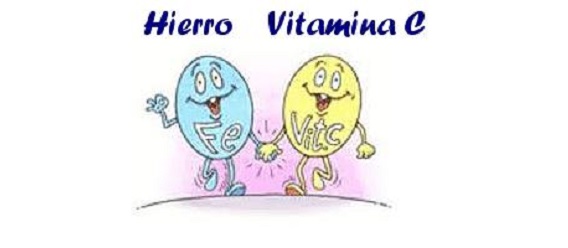 Ilustración de caritas felices que representan al Hierro y Vitamina C como amigos