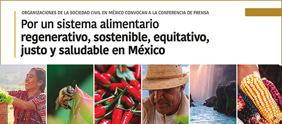 Banner de la convocatoria a la conferencia de prensa Por un sistema alimentario regenerativo, sostenible, equitativo, justo y saludable