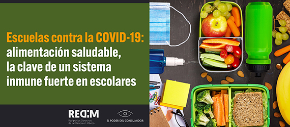 Banner con la leyenda Escuelas contra COVID-19: alimentación saludable, la clave de un sistema inmune fuerte en escolares