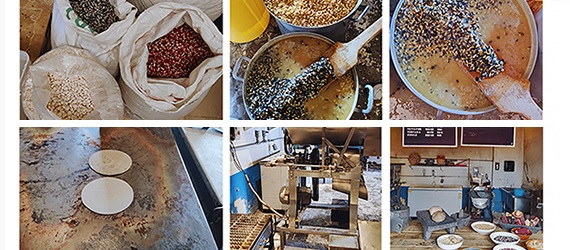 Collage de fotos sobre el maíz y su tratamiento para producir tortillas, tostadas y otros productos de maíz