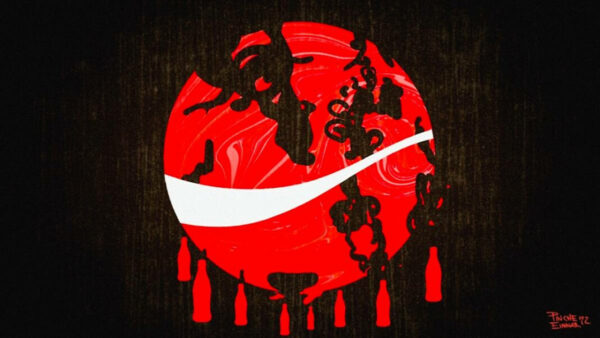 Ilustración de Pinche Einnar que funde el logo de Coca-Cola con la circunferencia del planeta Tierra derritiéndose