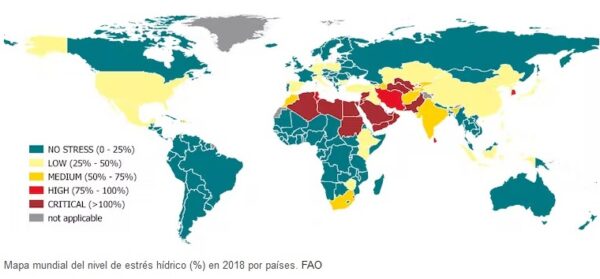 Mapa mundial del nivel de estrés hídrico (%) en 2018 por países. FAO
