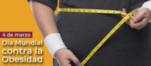Fragmento del banner con una ilustración alusiva a la medición de la cintura y la leyenda: 4 de marzo Día Mundial contra la Obesidad