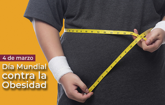 Banner con una ilustración alusiva a la medición de la cintura y la leyenda: 4 de marzo Día Mundial contra la Obesidad