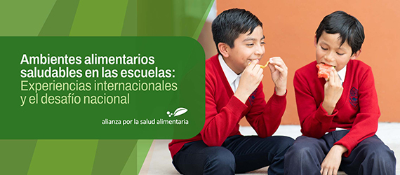 Banner con imagen de dos escolares sentados uno junto al otro comiendo en el recreo y la leyenda Ambientes alimentarios saludables en las escuelas: experiencias internacionales y el desafío nacional