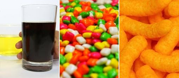 Algunos productos con colorantes sintéticos (bebidas de cola, dulces y botanas)