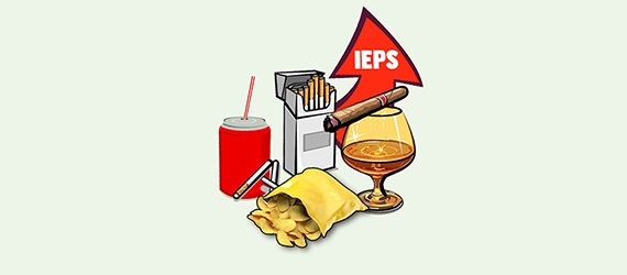 Ilustración alusiva con imágenes de comida y bebida chatarra, así como tabaco y alcohol