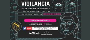 Banner de la conferencia de prensa de la presentación del estudio Vigilancia a consumidores digitales: cómo la publicidad te perfila, discrimina y vulnera