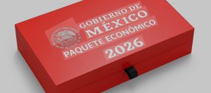 Caja de color rojo con emblema nacional y la leyenda Gobierno de México Paquete económico 2026