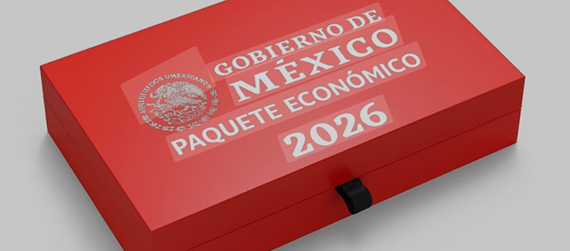 Caja de color rojo con emblema nacional y la leyenda Gobierno de México Paquete económico 2026