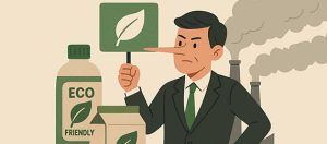 Ilustración con imagen de una fábrica al fondo y un empresario con larga nariz de pinocho y una pancarta de eco amigo y dos envases econaturales o biodegradables, y la leyenda Greenwhashing