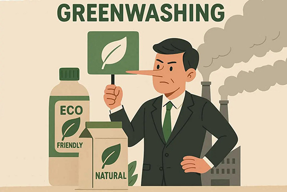 Ilustración con imagen de una fábrica al fondo y un empresario con larga nariz de pinocho y una pancarta de eco amigo y dos envases econaturales o biodegradables, y la leyenda Greenwhashing
