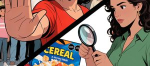 Ilustración alusiva con una persona con lupa analizando etiquetados de productos