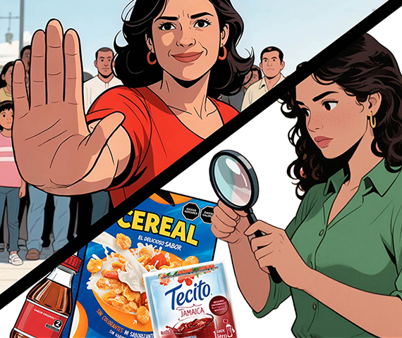 Ilustración alusiva con una imagen dividida en dos partes con una persona haciendo la seña de alto con la palma de su mano y otra persona con lupa analizando etiquetados de productos