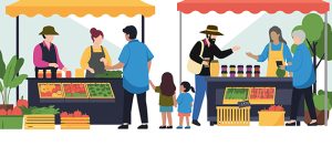 Ilustración de compra venta de alimentos a productores locales del Infográfico Claves para una alimentación responsable en México