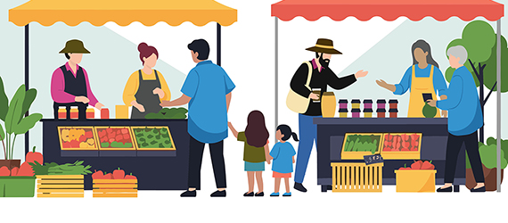 Ilustración de compra venta de alimentos a productores locales del Infográfico Claves para una alimentación responsable en México