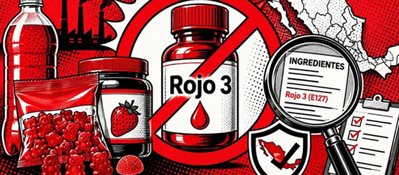Ilustración de prohibición del Colorante Rojo 3 en México