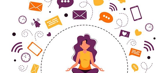 Ilustración de una chica en posición de loto para meditar, protegida por una especie de cápsula, con símbolos de impactos diversos de las distintas redes sociales